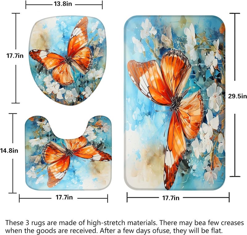 Pretyw 4 Pcs Flower Butterfly Shower Curtain Set with Non-Slip Rug, Toilet Lid Cover and Mat, Colorful Butterfly Shower Curtain with 12 Hooks,Waterproof Fabric Bath Curtain for Bathroom Decor,Blue - Image 4