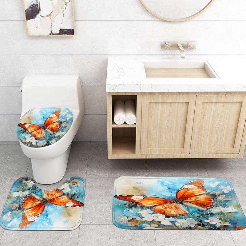Pretyw 4 Pcs Flower Butterfly Shower Curtain Set with Non-Slip Rug, Toilet Lid Cover and Mat, Colorful Butterfly Shower Curtain with 12 Hooks,Waterproof Fabric Bath Curtain for Bathroom Decor,Blue - Image 2