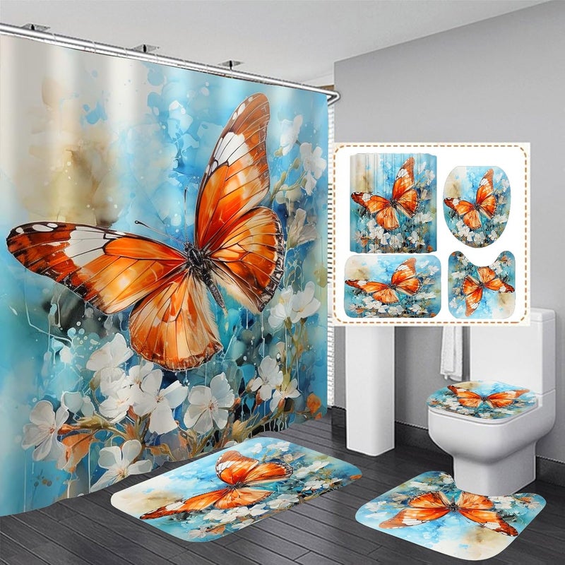 Pretyw 4 Pcs Flower Butterfly Shower Curtain Set with Non-Slip Rug, Toilet Lid Cover and Mat, Colorful Butterfly Shower Curtain with 12 Hooks,Waterproof Fabric Bath Curtain for Bathroom Decor,Blue - Image 1