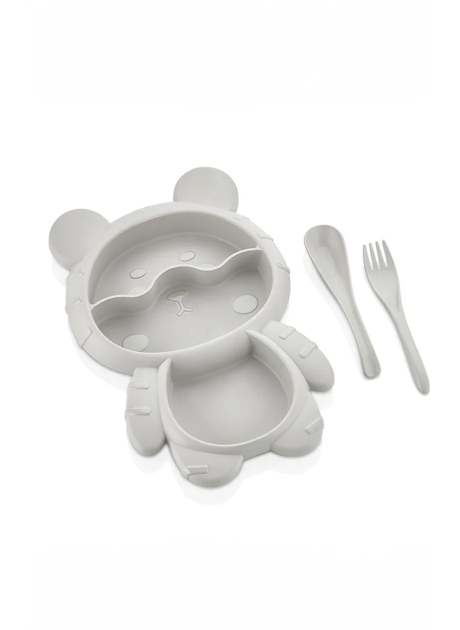 Kitchen Life Teddy Bear Shaped 3 Compartment Kids Baby Food Plate - Feeding Bowl with Fork and Spoon