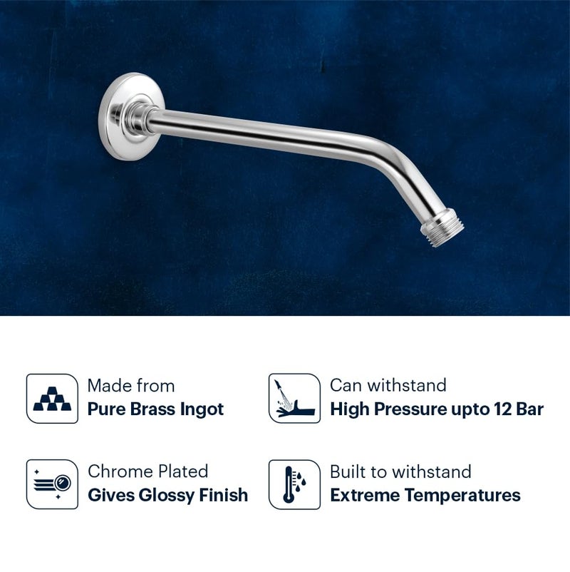 Johnson Bathrooms Johnson Tubular Shower Arm 9 inches long with wall flange | Brass + Stainless Steel Material | Anti-Corrosion Shower Holder for Overhead Showers | 2 Year Warranty (S1125C - Chrome) - Image 2