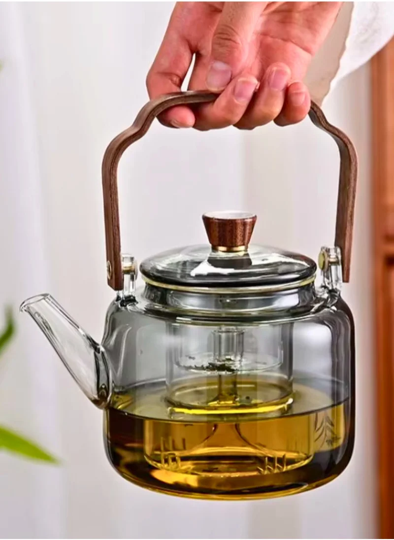 1Chase Borosilicate Glass Teapot – Smokey Grey 1000 ML, Heat-Resistant with Acica Wooden Handle & Strainer – Compatible with Electric Stoves