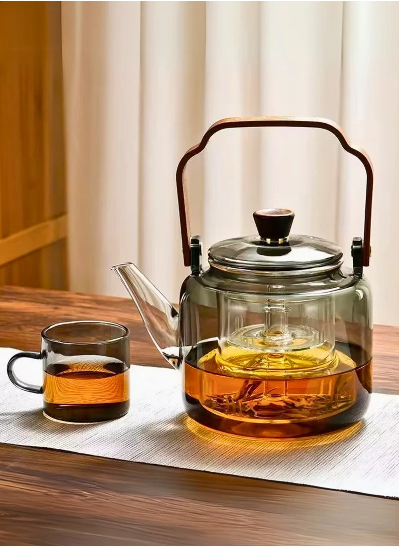 1Chase Borosilicate Glass Teapot – Smokey Grey 1000 ML, Heat-Resistant with Acica Wooden Handle & Strainer – Compatible with Electric Stoves