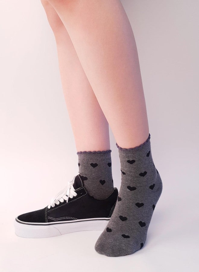 كيوتي مانجو جوارب نسائية من كيوتي مانجو، 5 أزواج، قطنية مطبوعة بنقشة قلوب، للاستخدام اليومي، جوارب طويلة مميزة، ناعمة وجميلة، متوفرة بمقاسات 6، 7، 8، 9، 10 للنساء - رمادي - Image 4