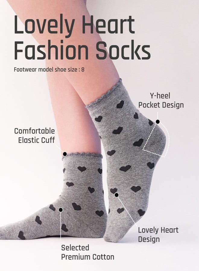 كيوتي مانجو جوارب نسائية من كيوتي مانجو، 5 أزواج، قطنية مطبوعة بنقشة قلوب، للاستخدام اليومي، جوارب طويلة مميزة، ناعمة وجميلة، متوفرة بمقاسات 6، 7، 8، 9، 10 للنساء - رمادي - Image 3