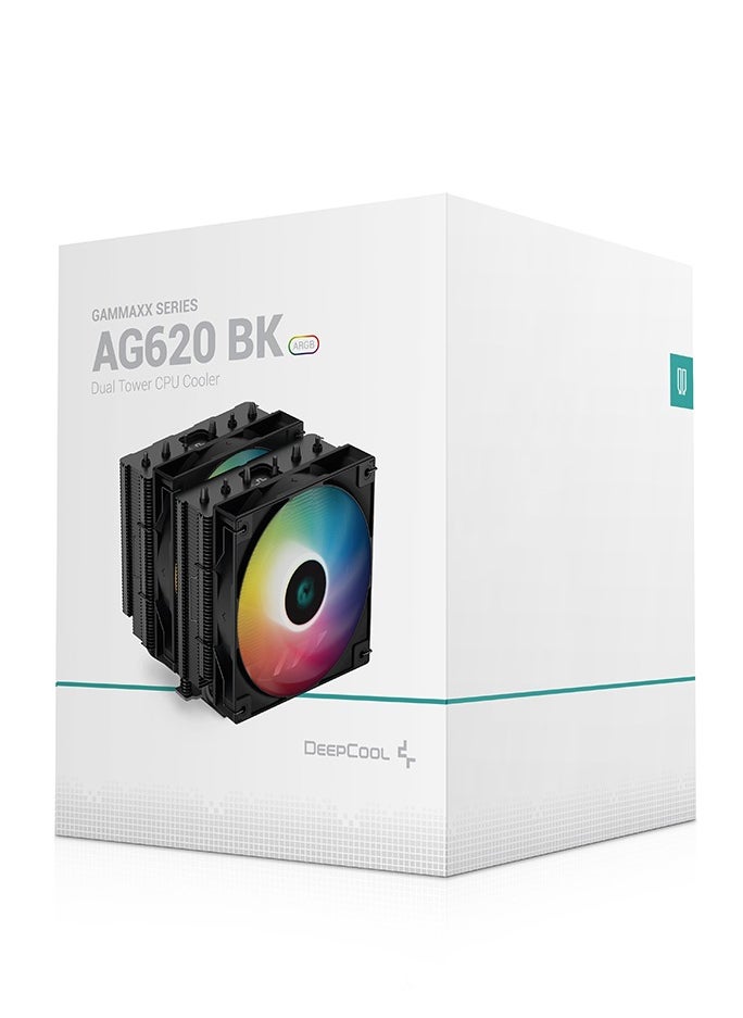 ديب كول مبرد وحدة المعالجة المركزية AG620 ARGB ثنائي البرج بقطر 120 مم، قوة تبريد 260 واط، مراوح عالية الكفاءة بسرعة 300-1850 دورة في الدقيقة، تدفق هواء 67.88 قدم مكعب في الدقيقة، Intel LGA2066/2011-v3/2011/AM5/AM4، أسود | R-AG620-BKANMN-G-2  - Image 1