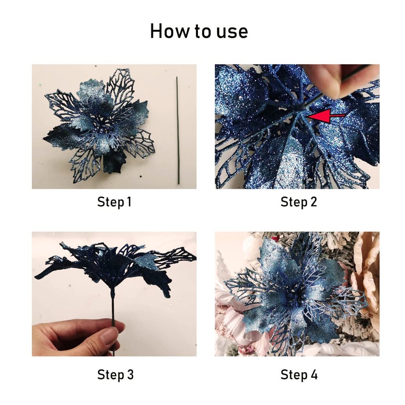 GL-Turelifes 12 Pcs 6.3Diameter Glitter Christmas Flowers Gold Poinsettia Artificial Flower Christmas Wreath Christmas Tree Flowers Tree Ornaments with 12 Pcs Green Flower Stem - Image 3