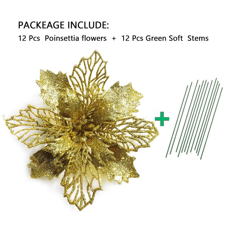 GL-Turelifes 12 Pcs 6.3Diameter Glitter Christmas Flowers Gold Poinsettia Artificial Flower Christmas Wreath Christmas Tree Flowers Tree Ornaments with 12 Pcs Green Flower Stem - Image 4