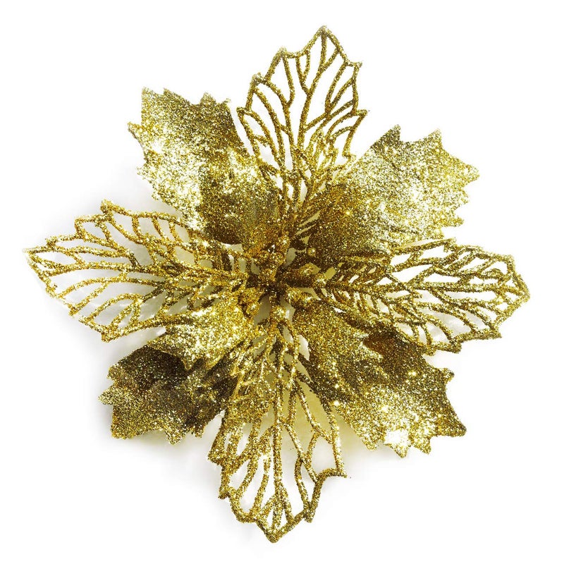 GL-Turelifes 12 Pcs 6.3Diameter Glitter Christmas Flowers Gold Poinsettia Artificial Flower Christmas Wreath Christmas Tree Flowers Tree Ornaments with 12 Pcs Green Flower Stem - Image 1