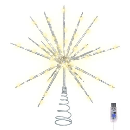 HMASYO 15 Inch Twinkling Starburst Christmas Tree Star Topper 19Point Silver Star Tree Topper with 150 LED Remote Control Timer USB Power for Indoor Home Holiday Party Xmas Tree Decoration - Image 3