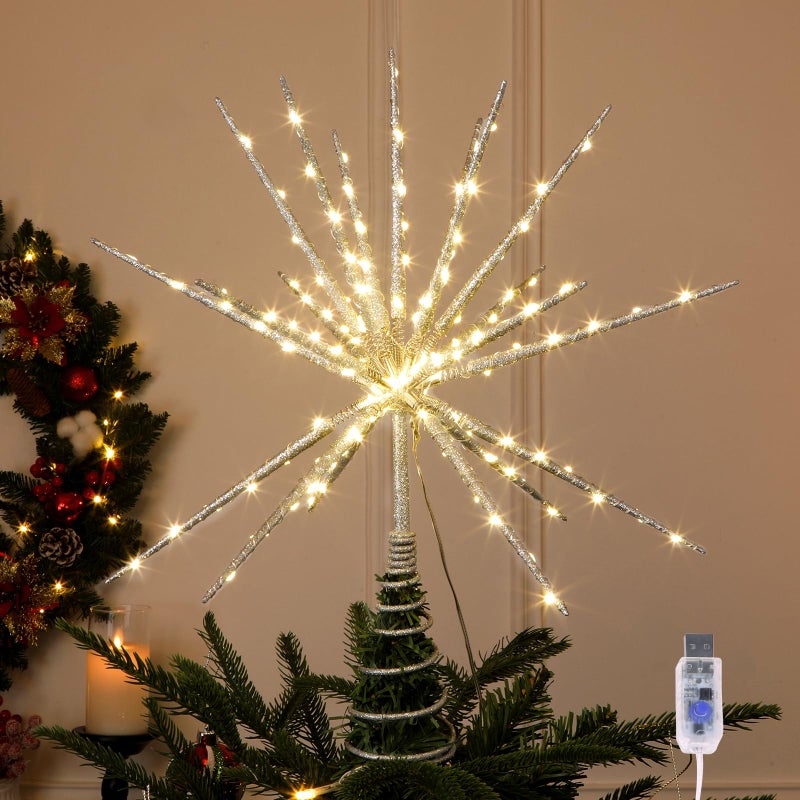 HMASYO 15 Inch Twinkling Starburst Christmas Tree Star Topper 19Point Silver Star Tree Topper with 150 LED Remote Control Timer USB Power for Indoor Home Holiday Party Xmas Tree Decoration - Image 2