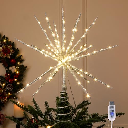 HMASYO 15 Inch Twinkling Starburst Christmas Tree Star Topper 19Point Silver Star Tree Topper with 150 LED Remote Control Timer USB Power for Indoor Home Holiday Party Xmas Tree Decoration - Image 1