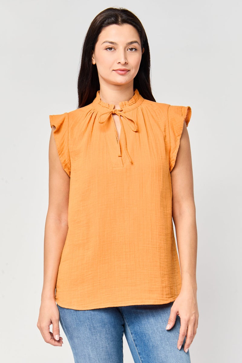promod Women Tie Neck Plain Cap Sleeve Top, Orange - Image 1