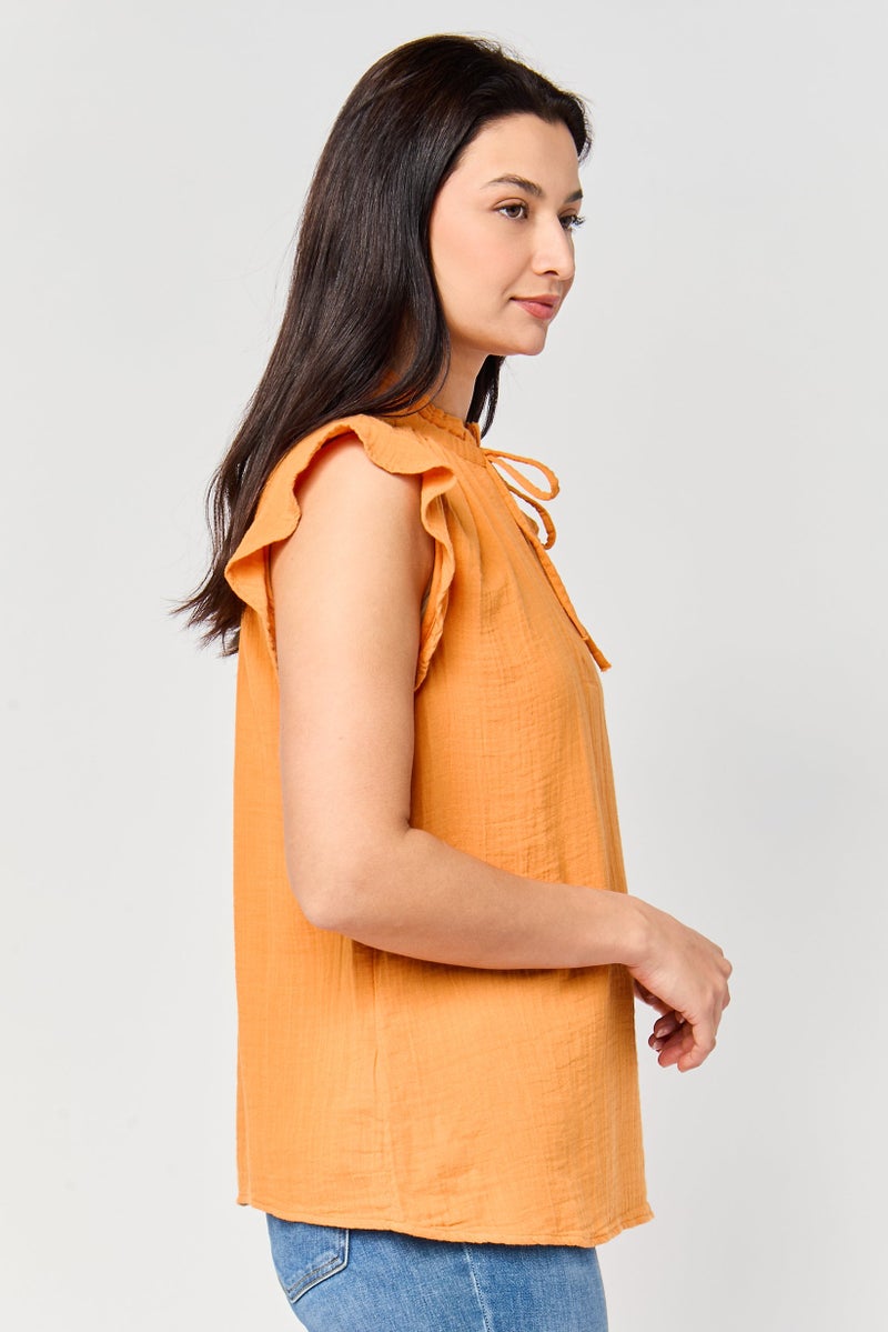 promod Women Tie Neck Plain Cap Sleeve Top, Orange - Image 3