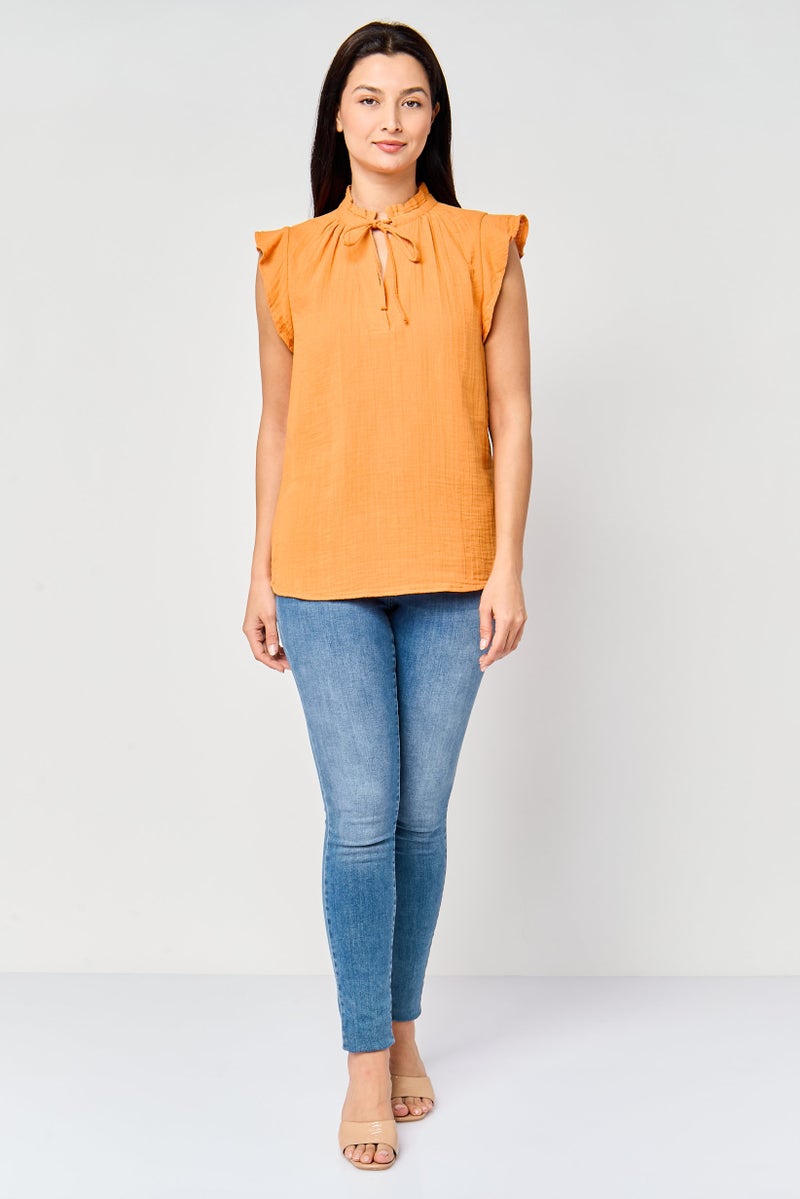 promod Women Tie Neck Plain Cap Sleeve Top, Orange - Image 2