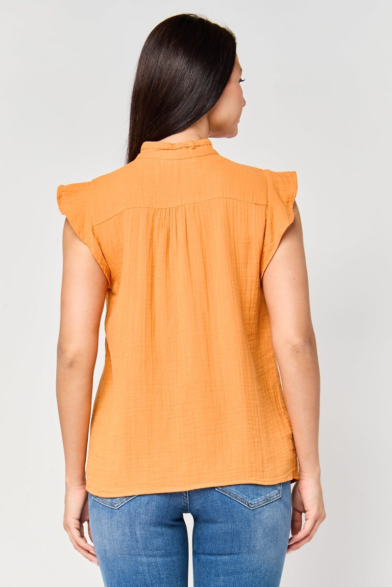 promod Women Tie Neck Plain Cap Sleeve Top, Orange - Image 4