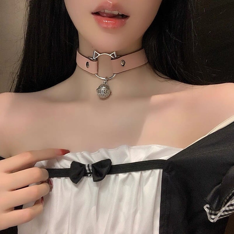 Womens Necklace with Cat Bell Choker Lockbone Chain Leather Neck Ring K9 Collar Bone Chain Fashionable Jewelry Accessories Pink xq 