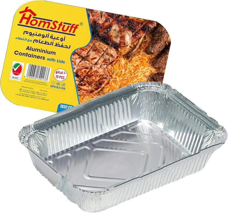 HomStuff Aluminium Foil Container with Lid 83185 (1850 ml), Pack of 10 pcs, Aluminium Disposable container | Parcel Box | Packaging Hot/Dry Foods | Freezer Containers for Takeaway Food Packaging