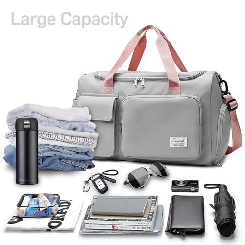 Suruid Travel Duffel Bag with Shoes Compartment Sports Gym Bag with Dry Wet Separated Pocket for Men and Women, Overnight Bag Weekender Bag Training Handbag Yoga Bag - Gray Pink - Image 4