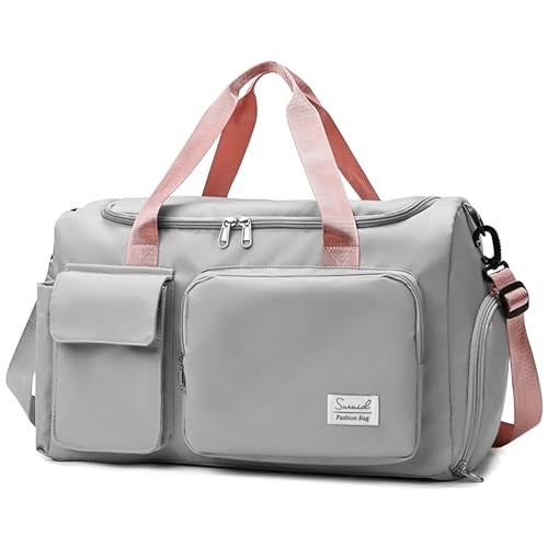 Suruid Travel Duffel Bag with Shoes Compartment Sports Gym Bag with Dry Wet Separated Pocket for Men and Women, Overnight Bag Weekender Bag Training Handbag Yoga Bag - Gray Pink - Image 1