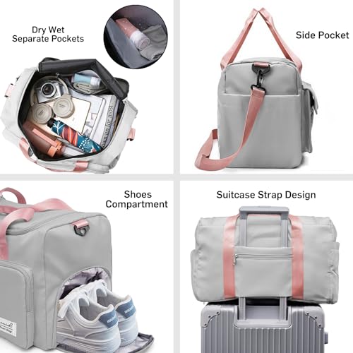 Suruid Travel Duffel Bag with Shoes Compartment Sports Gym Bag with Dry Wet Separated Pocket for Men and Women, Overnight Bag Weekender Bag Training Handbag Yoga Bag - Gray Pink - Image 3