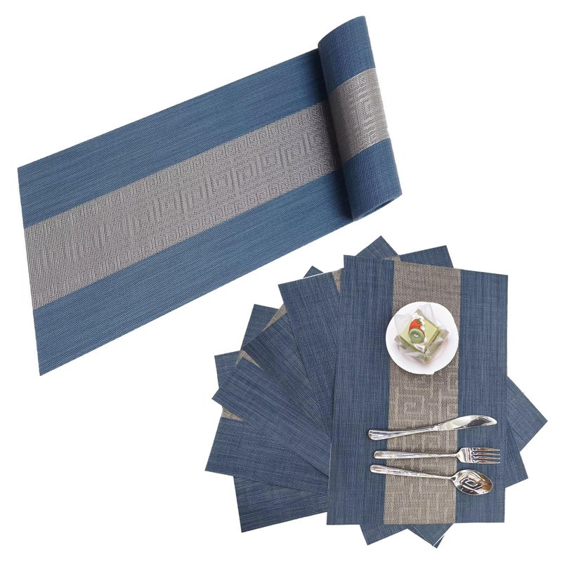 Misuhom Placemats with Table Runner Set Place Mats  Woven Crossweave Placemat Vinyl Kitchen Tablemat  Washable PVC Table Mats for Dining Table  Parties  Farmhouse  Thanksgiving  Christmas & Gathering (Blue C) - Image 1