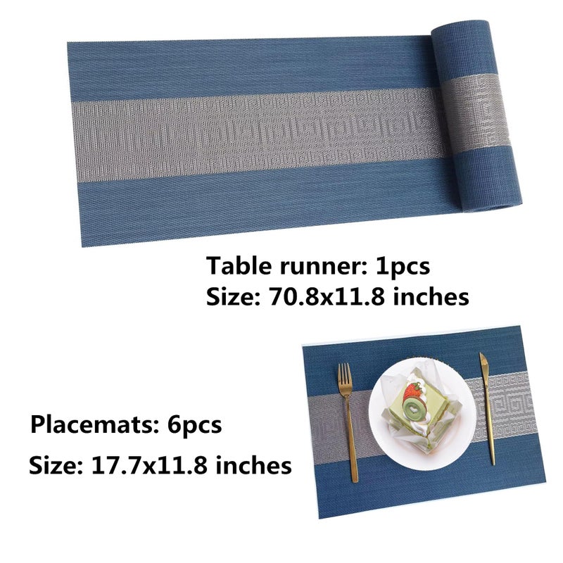 Misuhom Placemats with Table Runner Set Place Mats  Woven Crossweave Placemat Vinyl Kitchen Tablemat  Washable PVC Table Mats for Dining Table  Parties  Farmhouse  Thanksgiving  Christmas & Gathering (Blue C) - Image 2