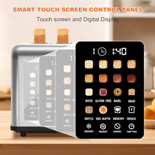 Clixane 2 Slice Toaster Touch Screen, Stainless Steel Toasters Digital Timer 2 Slot Toasters, 8 Shade Settings 6 Bread Types for Bagel, Cancel, Defrost（Stainless Steel） - Image 3