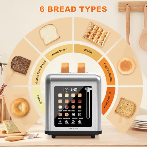 Clixane 2 Slice Toaster Touch Screen, Stainless Steel Toasters Digital Timer 2 Slot Toasters, 8 Shade Settings 6 Bread Types for Bagel, Cancel, Defrost（Stainless Steel） - Image 4