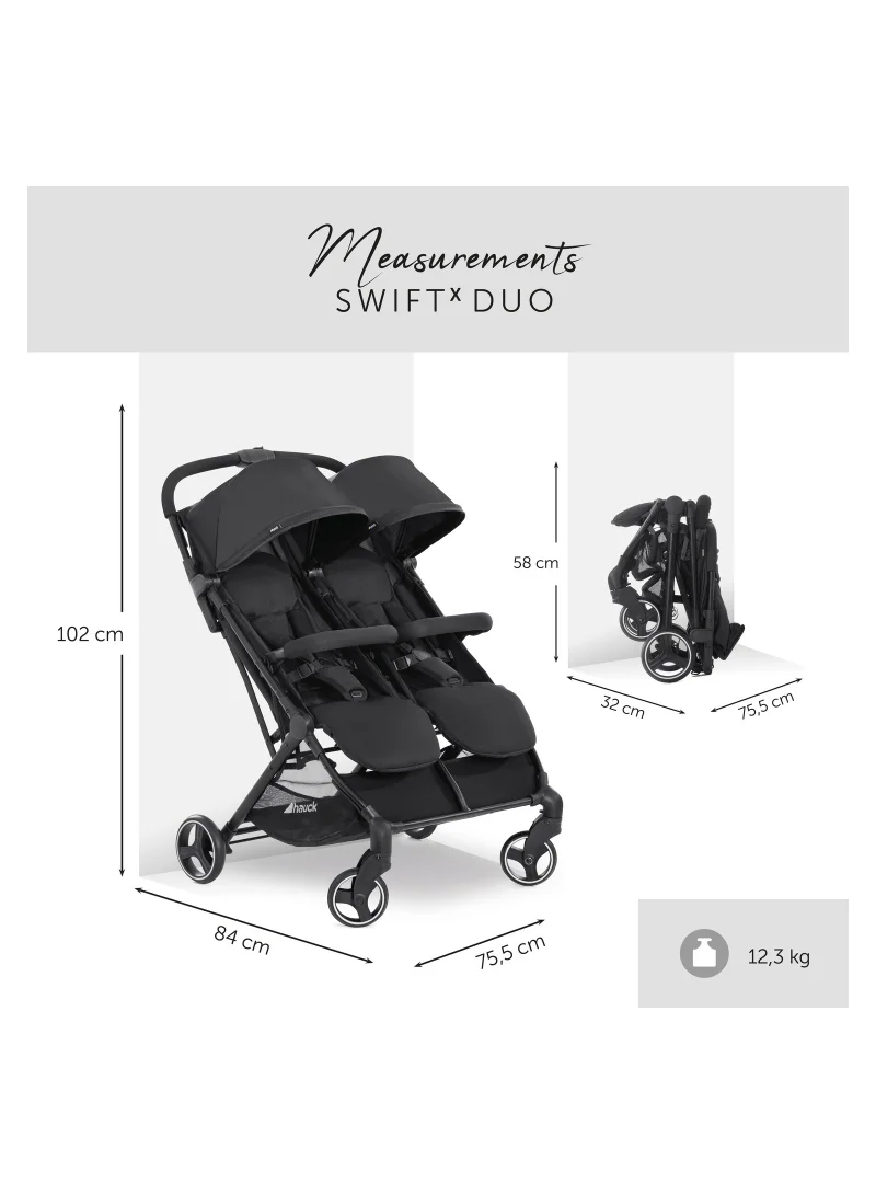 hauck Swift X Duo Twin Pushchair, Blackside By Side Double (Only 75Cm Wide), Compact And One Hand Folding With Raincover