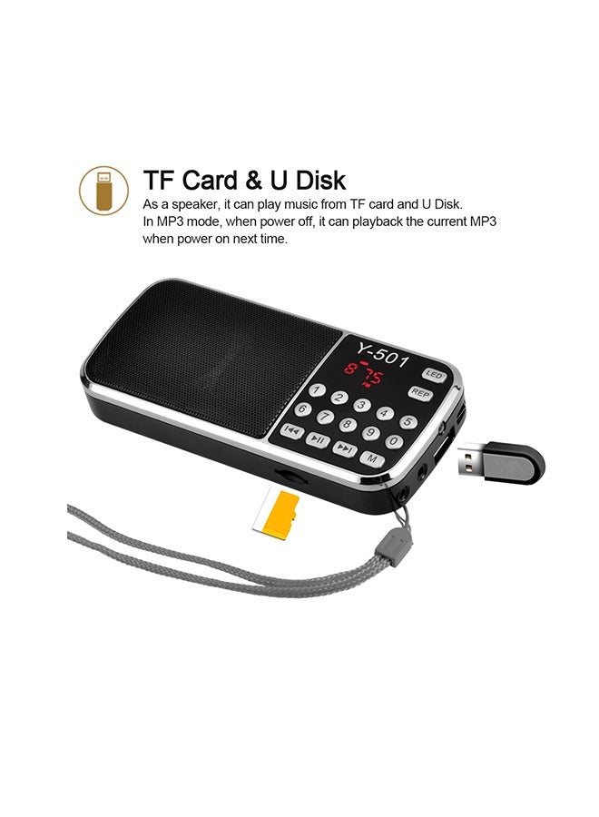 Y-501 Mini FM Radio Digital Portable 3W Stereo Speaker MP3 Audio Player High Fidelity Sound Quality w/ 0.75 Inch Display Screen LED Flashlight Support USB Drive TF Card AUX-IN Earphone-out  - Image 3