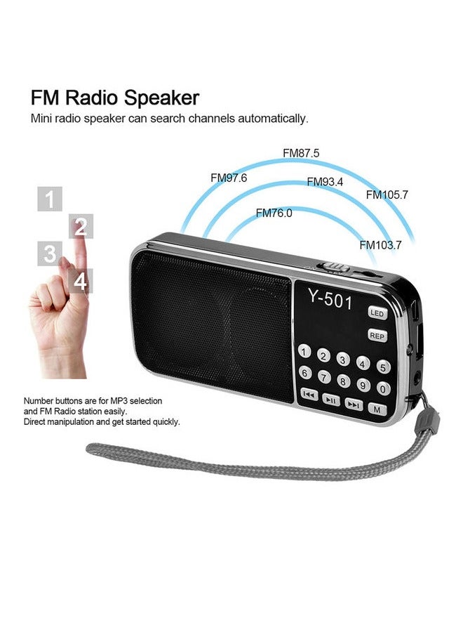 Y-501 Mini FM Radio Digital Portable 3W Stereo Speaker MP3 Audio Player High Fidelity Sound Quality w/ 0.75 Inch Display Screen LED Flashlight Support USB Drive TF Card AUX-IN Earphone-out  - Image 4
