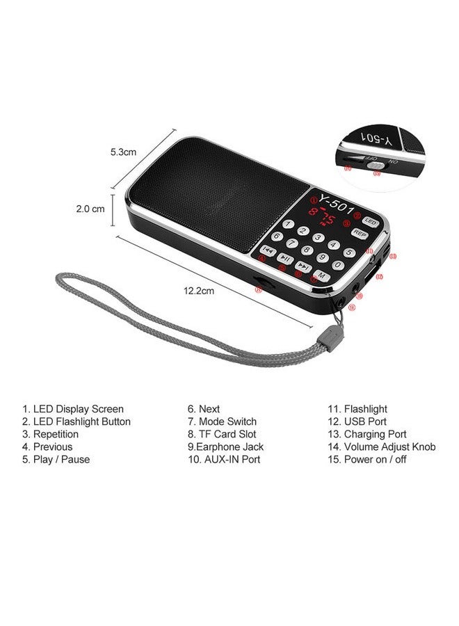 Y-501 Mini FM Radio Digital Portable 3W Stereo Speaker MP3 Audio Player High Fidelity Sound Quality w/ 0.75 Inch Display Screen LED Flashlight Support USB Drive TF Card AUX-IN Earphone-out  - Image 5
