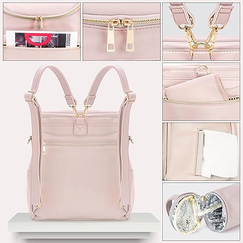 Minsong Diaper Bag Backpack, Fashion Leather Mommy Backpacks, Travel Baby Diaper Bags with in Bag Organizer and Changing Pad (Pink) - Image 4