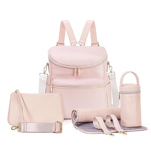 Minsong Diaper Bag Backpack, Fashion Leather Mommy Backpacks, Travel Baby Diaper Bags with in Bag Organizer and Changing Pad (Pink) - Image 1