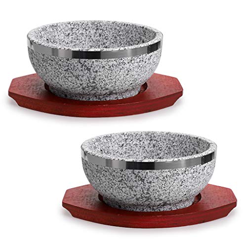 MDLUU 2 Pcs Dolsot Bibimbap Bowl 32 Oz Granite Stone Bowl with Wood Base Dolsot Pot for Korean Soup Rice and Stew