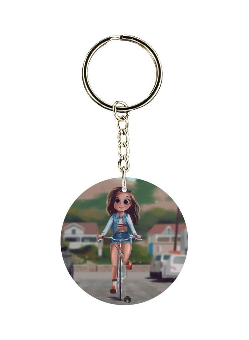 Girl On Cycle Printed Double Sided Keychain