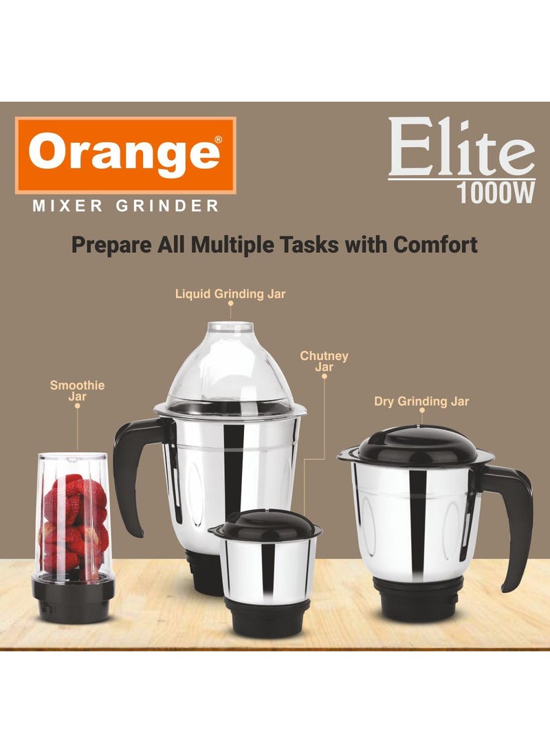 Orange Orange Elite Mixer Grinder 1000 watt 4 Jars Mixie with pulse mode (1 S.S Liquid Jar, 1 Smoothie jar, 1 Chutney jar, 1 S.S Dry Jar)/ Shock Proof ABS Body/Stable Anti-Skid base  - Image 2