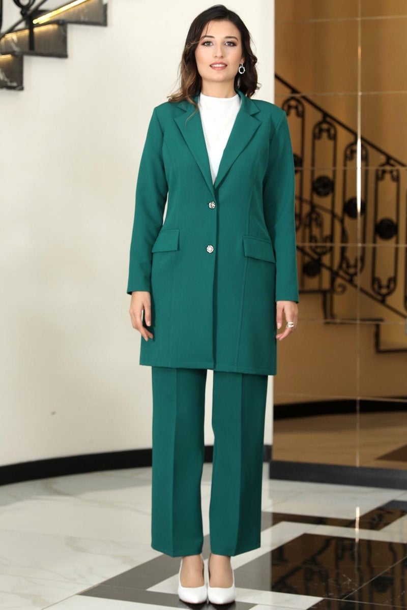 Esilanur Parla Long Jacket Trousers Double Hijab Suit Emerald - Image 1