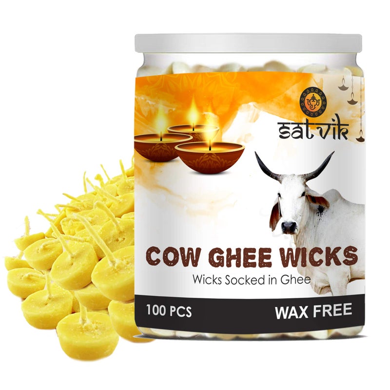 SATVIK Pack of 100 Pure Cow Ghee Wicks for Puja ReadytoUse Diya Batti 30Min Burn Time WaxFree Cotton Wicks Ideal for Pooja Meditation Diwali and Housewarming Gifts