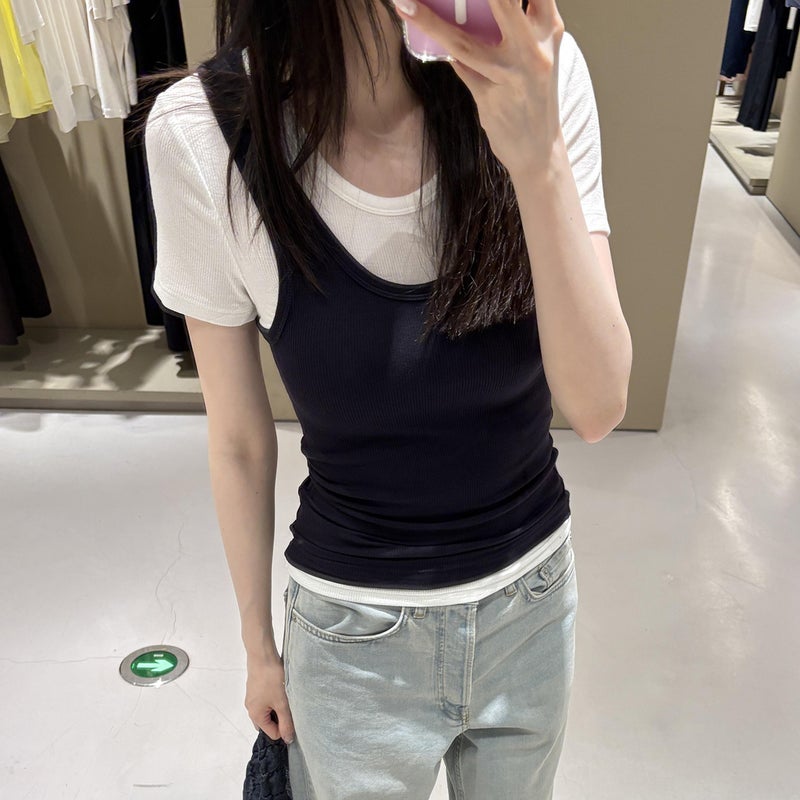 Women's Slim Fit Ribbed Knit T-Shirt Set - White & Navy - Image 3