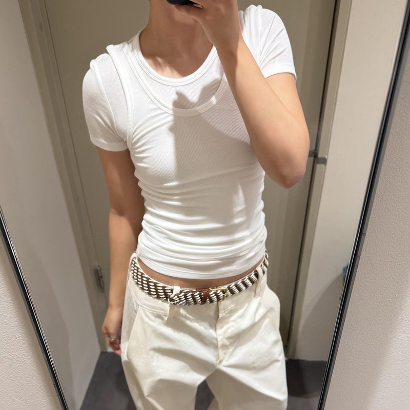 Women's Slim Fit Ribbed Knit T-Shirt Set - White & Navy - Image 2