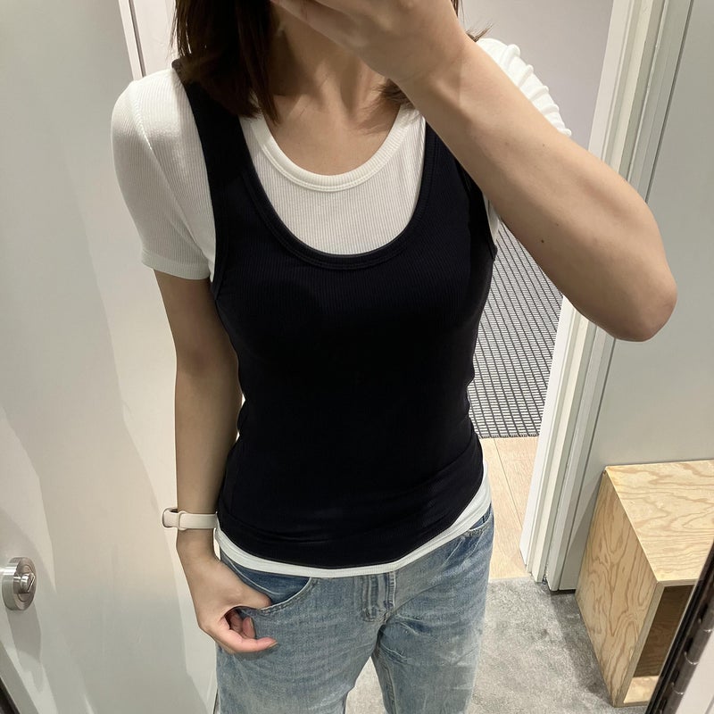 Women's Slim Fit Ribbed Knit T-Shirt Set - White & Navy - Image 4