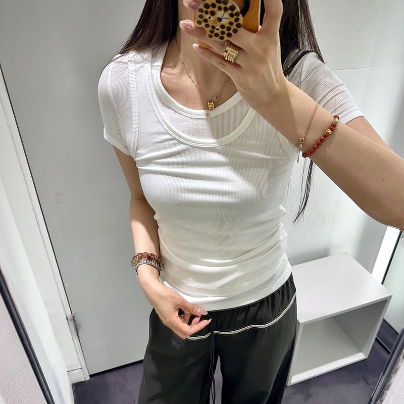 Women's Slim Fit Ribbed Knit T-Shirt Set - White & Navy - Image 1