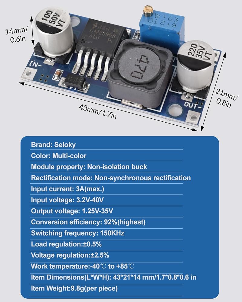 SELOKY 20 Pack LM2596 DC-DC Buck Converter Step Down Variable Volt Regulator Input 3.0-40V Output 1.5-35V Adjustable Voltage Regulator Electronic Voltage Stabilizer Power Supply Module - Image 4