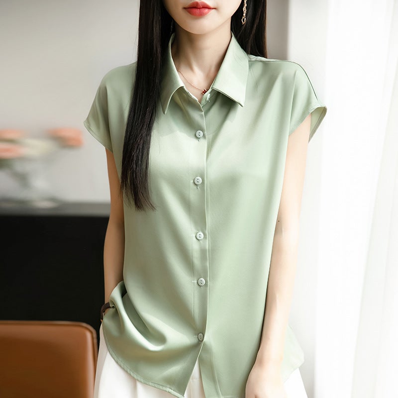 Silk Satin 25 Spring And Women'S Polo Collar Short Fashion T-Shirt Thin Base Shirt Age-Reducing Short Sleeve - Image 4