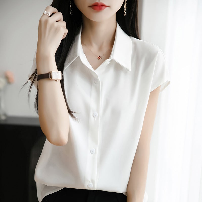 Silk Satin 25 Spring And Women'S Polo Collar Short Fashion T-Shirt Thin Base Shirt Age-Reducing Short Sleeve - Image 1