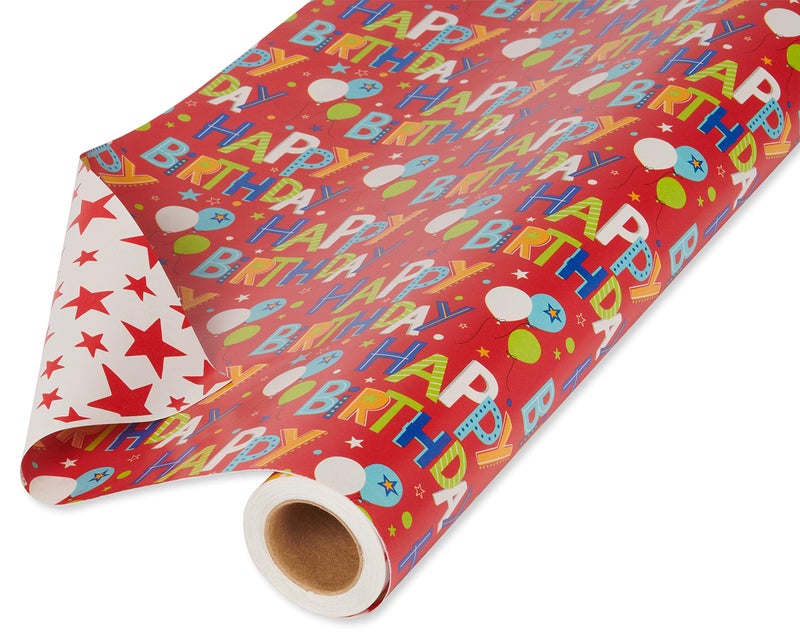 American Greetings Reversible Wrapping Paper Happy Birthday Lettering and Stars 1 Jumbo Roll 175 sq ft