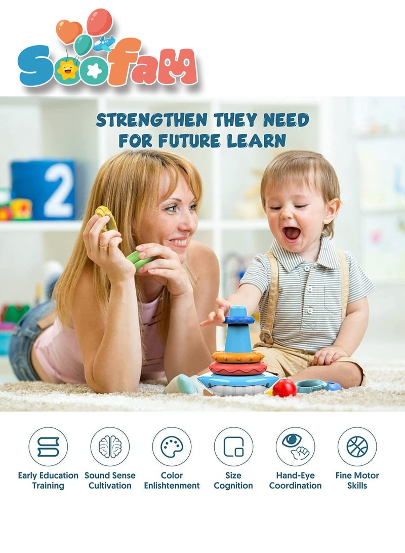 Soofam Stacking & Nesting Circle Toy,Colourful Ring Toss With Pillar Playset Multicolour,Montessori Sensory Squeeze Play with Early Educational Learning Stacking Tower - Image 4