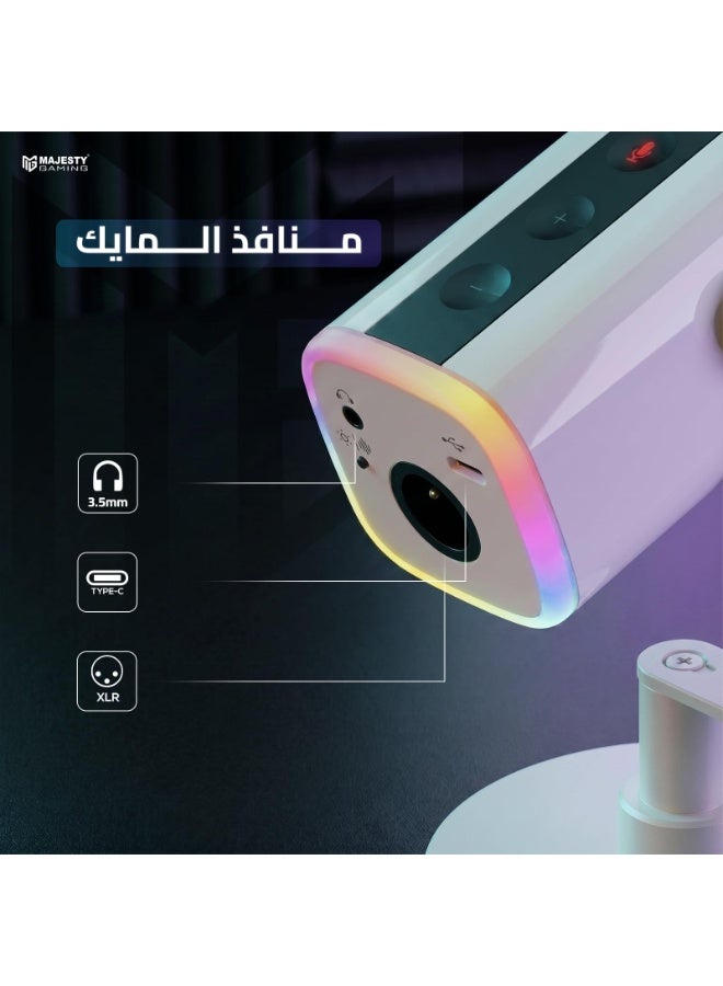 ماجيستي ميكروفون العاب من ماجيستي تصميم هاي-إند | مايك ديناميكي لصناعة المحتوى والبث المباشر | اضاءة RGB | موصلات USB Type-C و XLR و مدخل سماعة رأس | زر كتم الصوت | مراقبة صوتية مباشرة SM9 أبيض - Image 3
